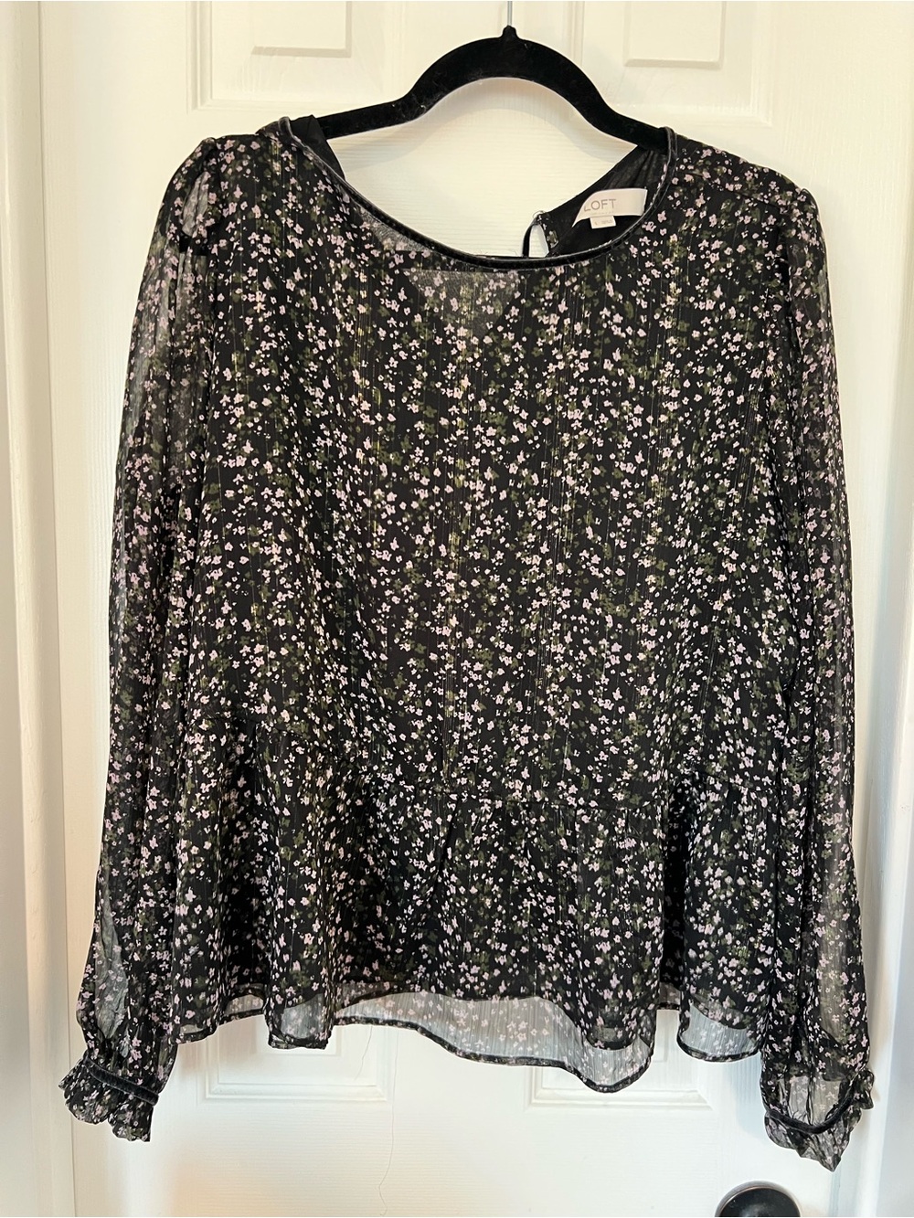 LOFT Black Floral Peplum Long-Sleeve Blouse